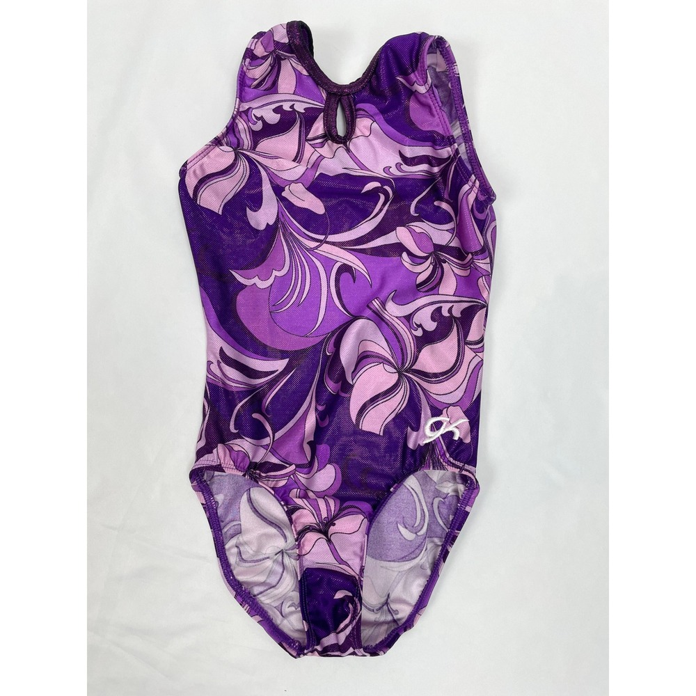 GK Child Large CL Purple Leotard Keyhole Gymnastics Shiny Sleeveless Dance Swirl